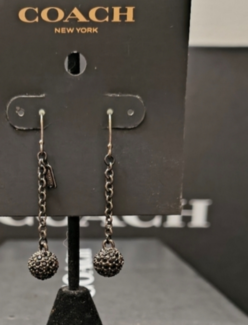 Vintage Coach Gunmetal Chain Drop Earrings with Crystal Ball Accents